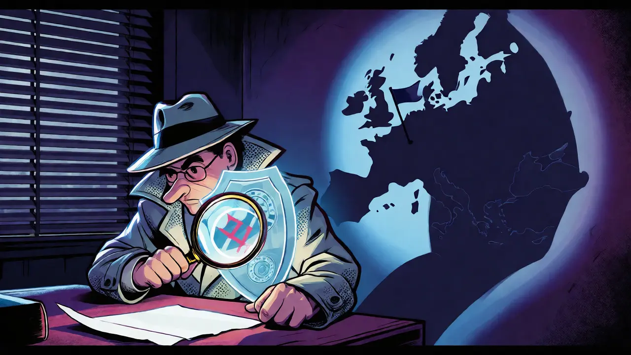 Detective investigating unverified broker licenses amidst European regulatory warnings in retro art.