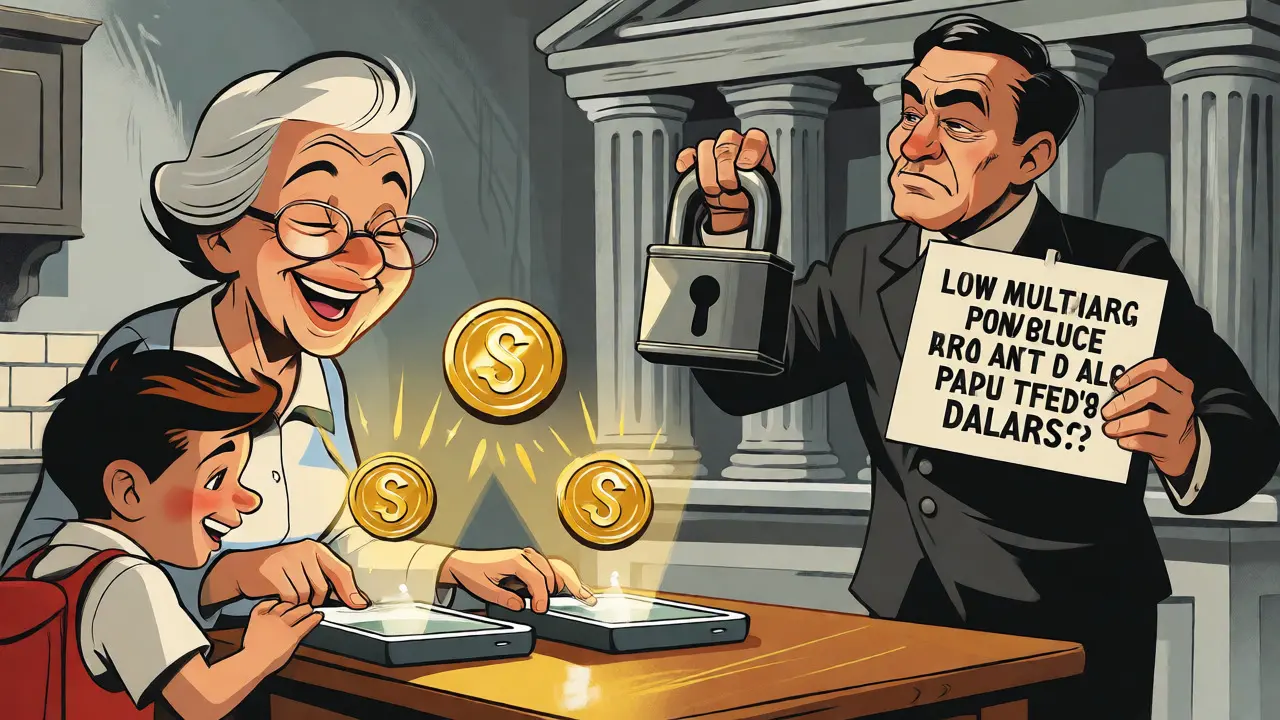 Family using phones for stablecoins while a bureaucrat struggles with limits.