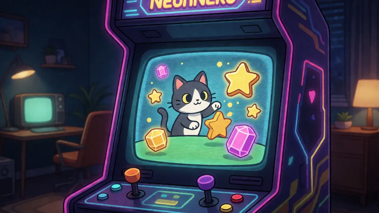 Glowing vintage arcade cabinet displaying a digital pet game