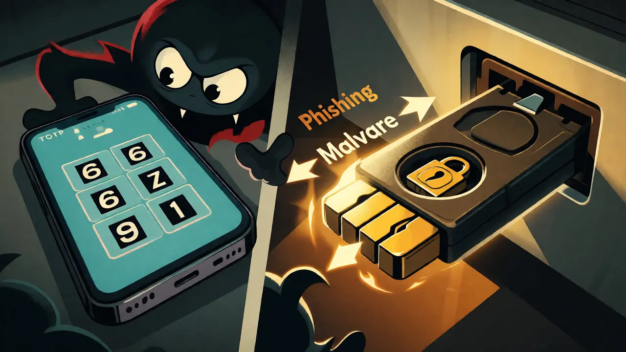 Hardware key blocking malware and phishing attempts while phone codes are vulnerable.