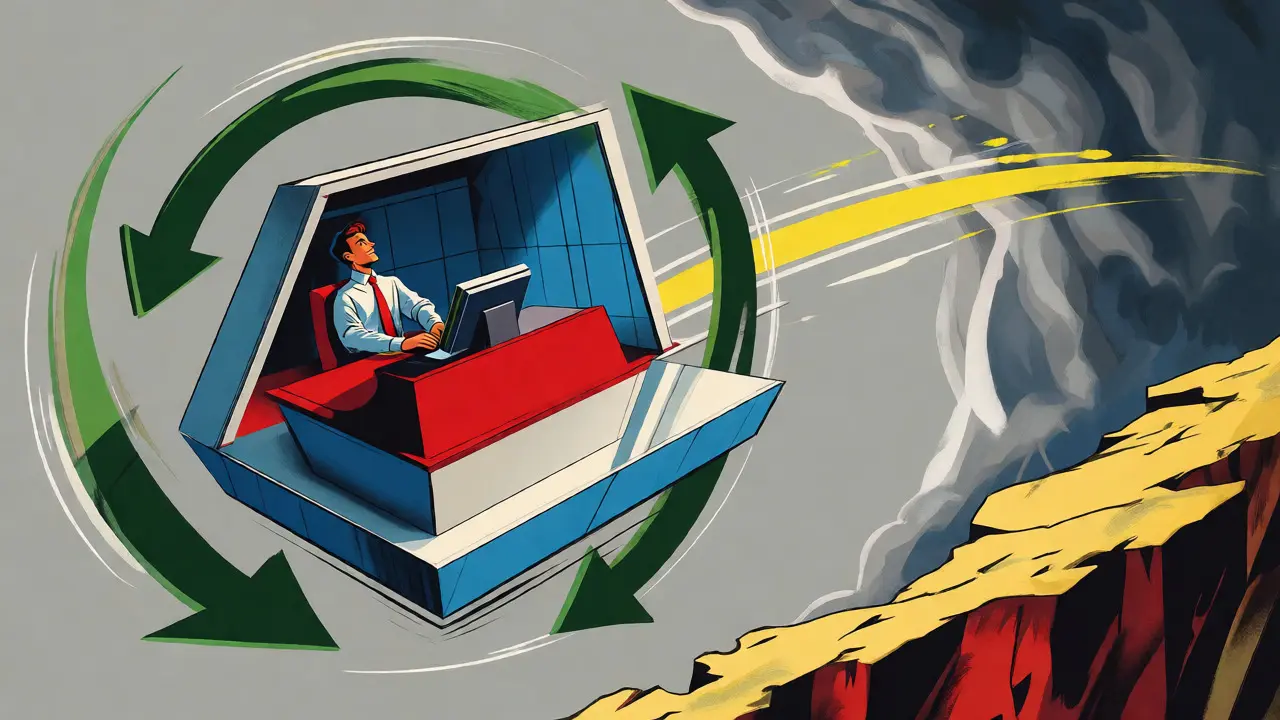 Isolated trader at a terminal facing a cliff edge, symbolizing lack of regulatory safety nets.