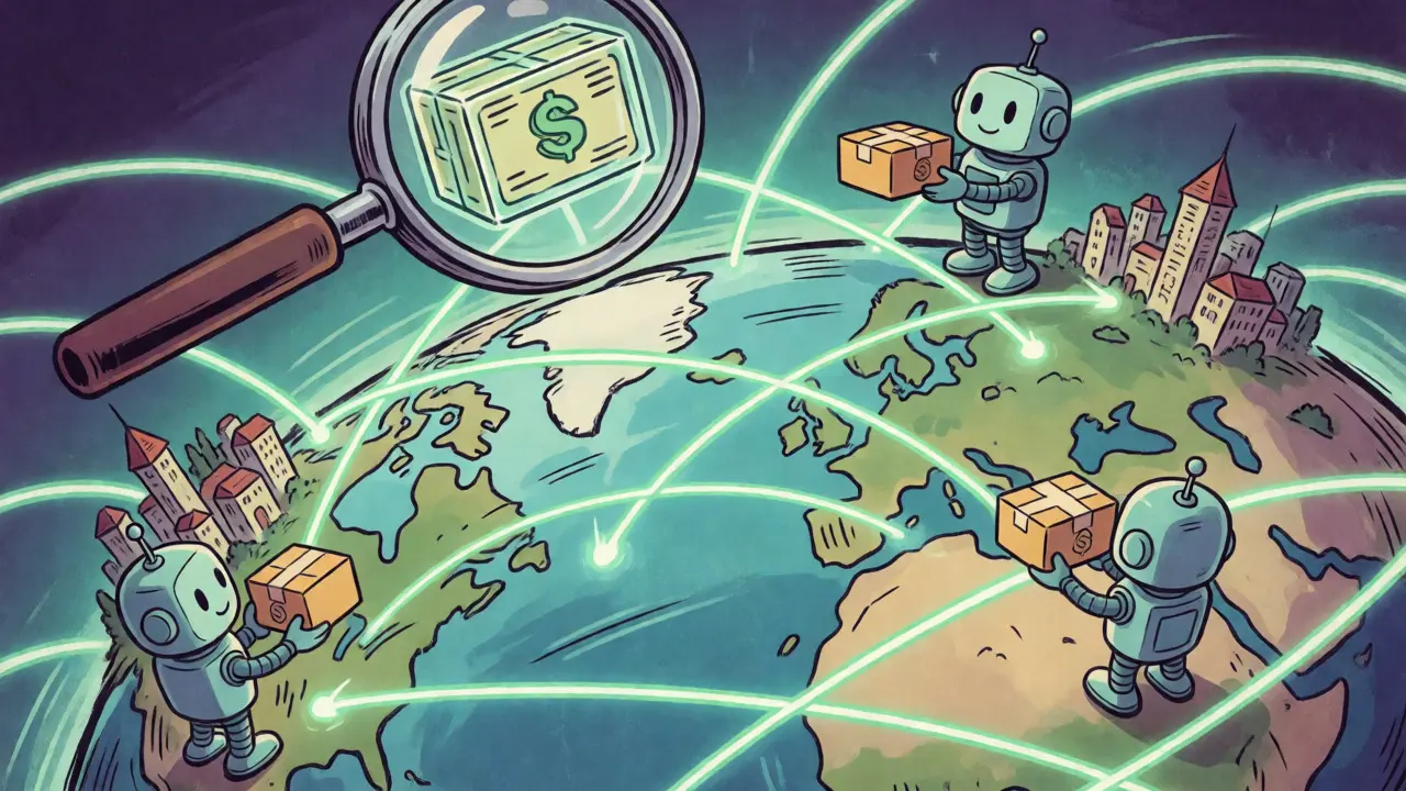 Retro cartoon showing global blockchain network enabling real-time cross-border payments.