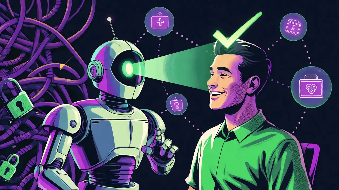 Retro-futuristic robot verifying user identity with light beam scan