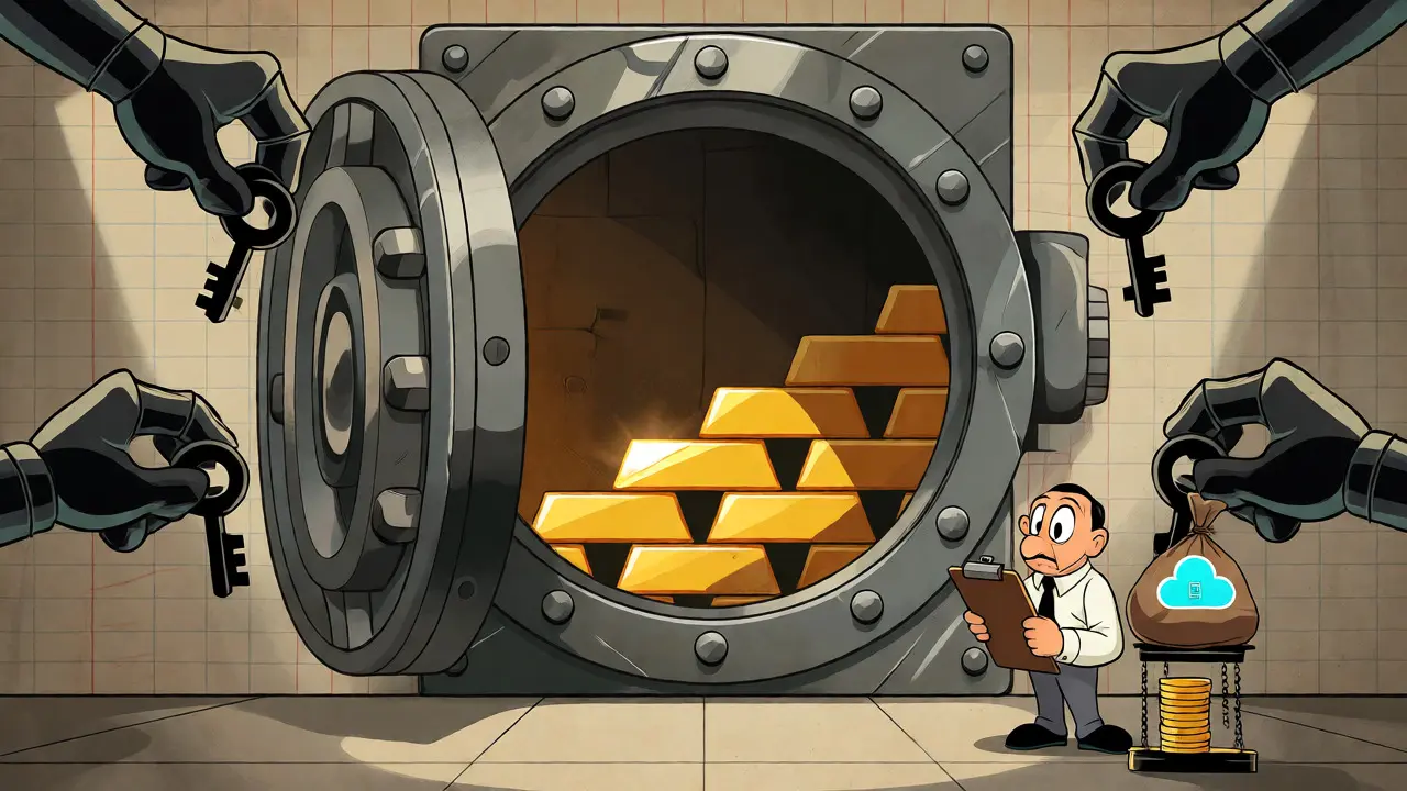 Secure vault with auditors verifying crypto reserves in vintage style
