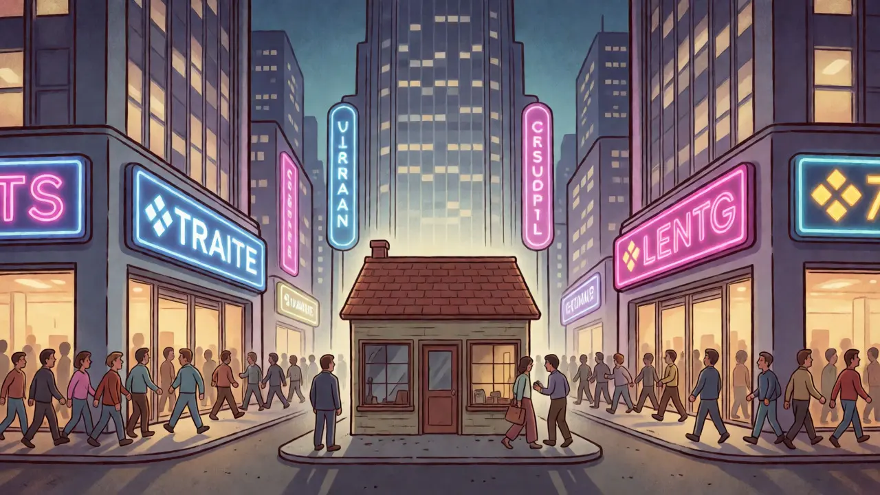 Small niche shop overshadowed by giant exchange skyscrapers.