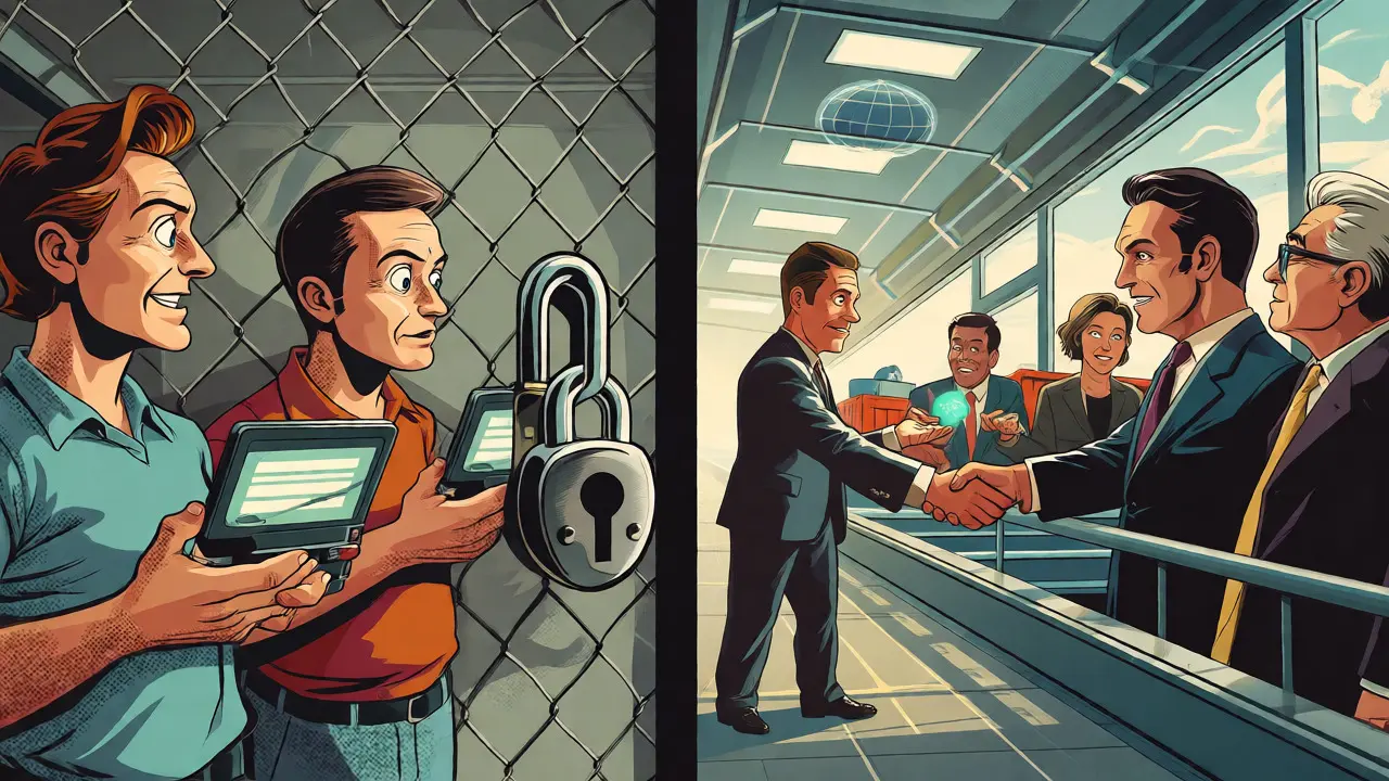 Split-screen cartoon showing banned domestic crypto use versus allowed international trade corridors.