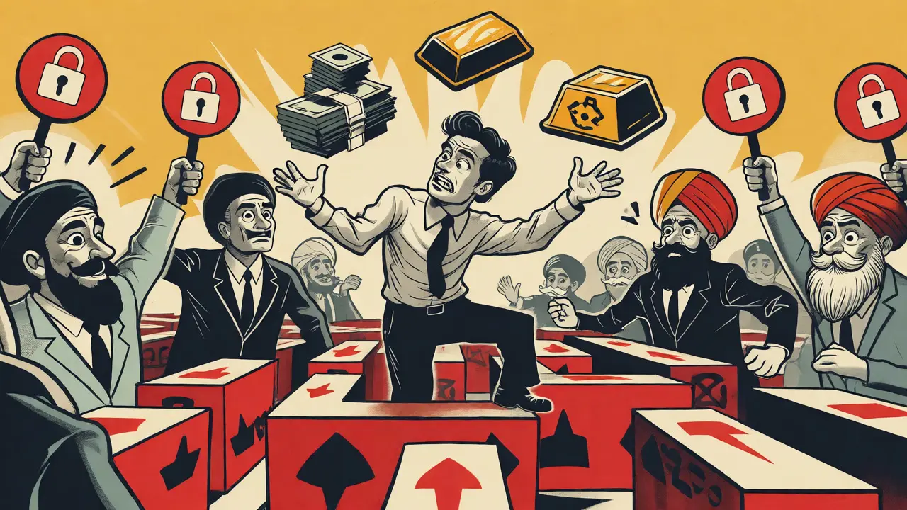 Trader navigating maze of financial barriers with cash and P2P icons in retro cartoon