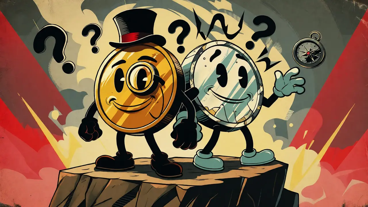 Two contrasting coin characters represent conflicting AINTI token supplies in retro art.