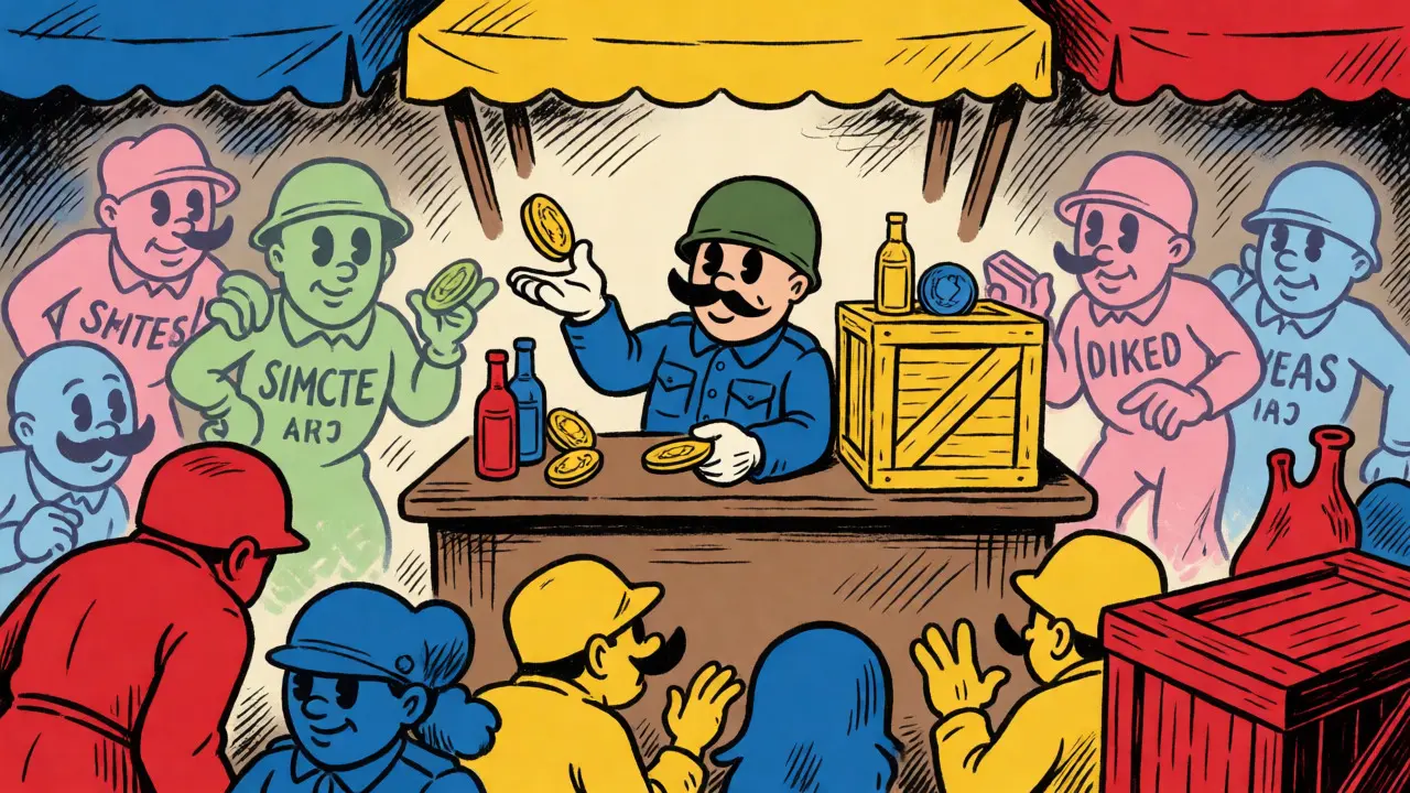 Veteran avatar buying game items amidst confused token crowds