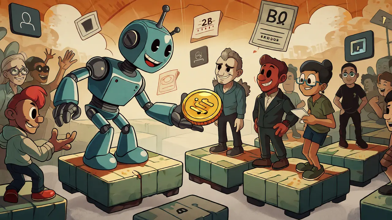 Vintage animated scene of a robot distributing coins in a digital real estate marketplace with diverse characters.