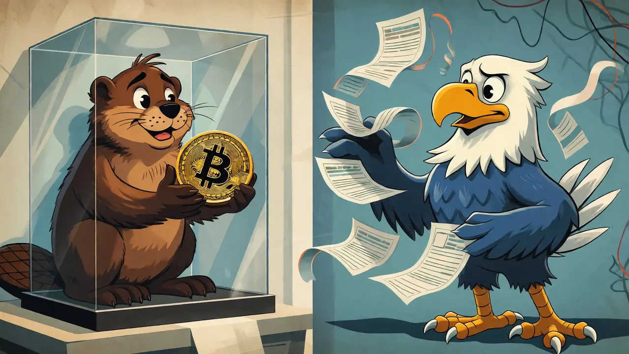 Vintage cartoon comparing Canadian spot Bitcoin custody with US futures contracts