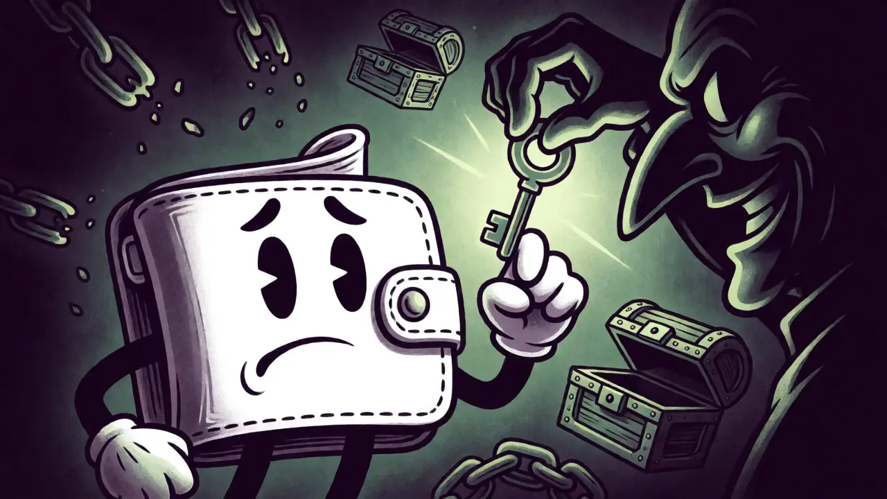 Vintage cartoon of a nervous wallet reaching for a suspicious glowing key from a trickster figure.