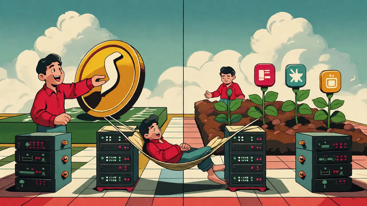 Vintage illustration of a digital playground featuring gaming, staking, and relaxation activities in one ecosystem.