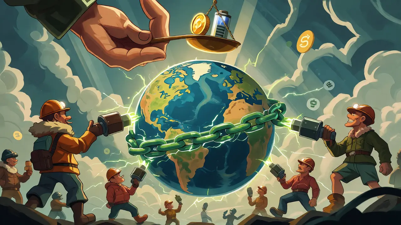 Vintage illustration of miners powering a global earth with electric cables.