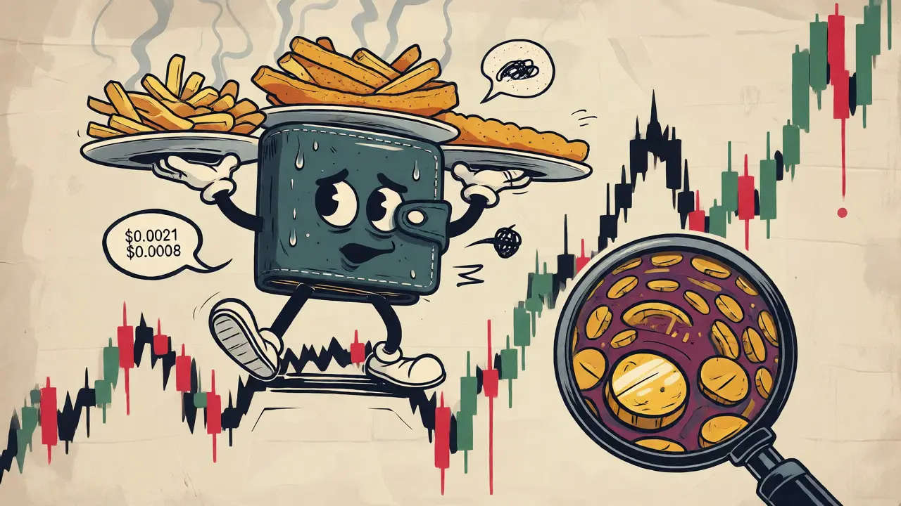 Wallet character juggling fish and chips on a volatile crypto stock chart illustrating market swings.