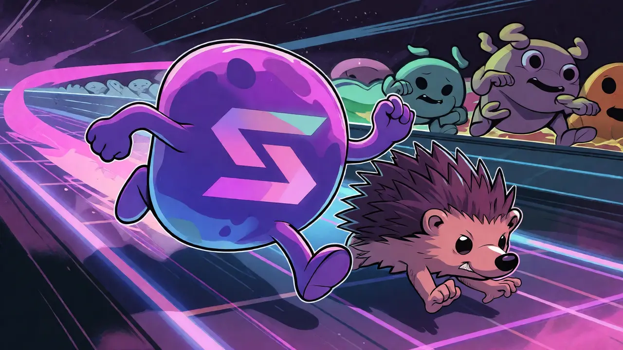 Cartoon hedgehog racing with a Solana character on a speed track