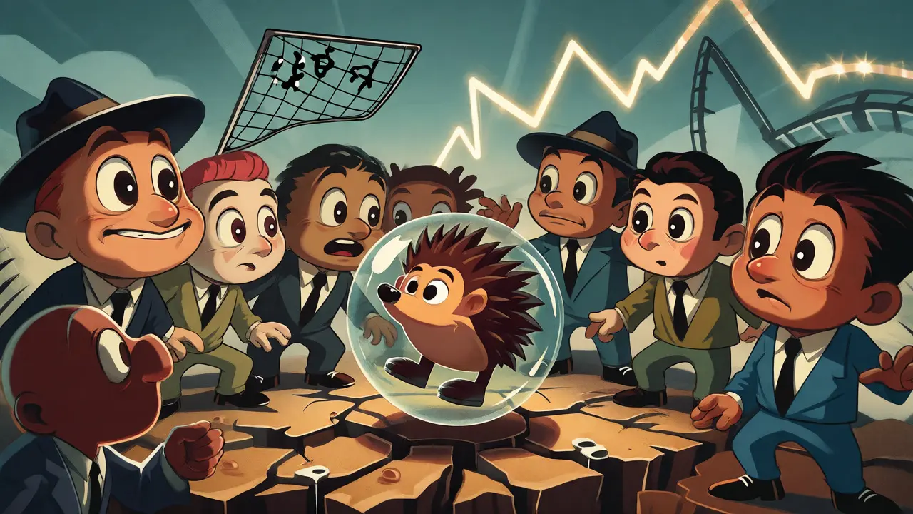 Cartoon investors watching a hedgehog in a bubble on unstable ground